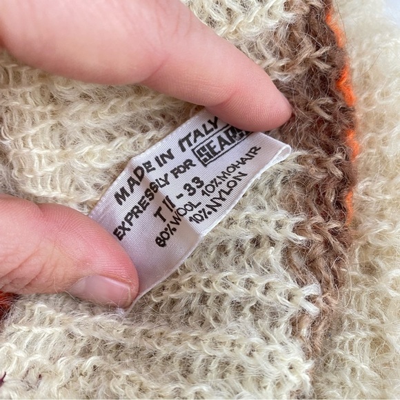 Vintage 60s Hat & Scarf Set Italian Knit Wool Mohair Winter Cream Orange Brown - Picture 8 of 14